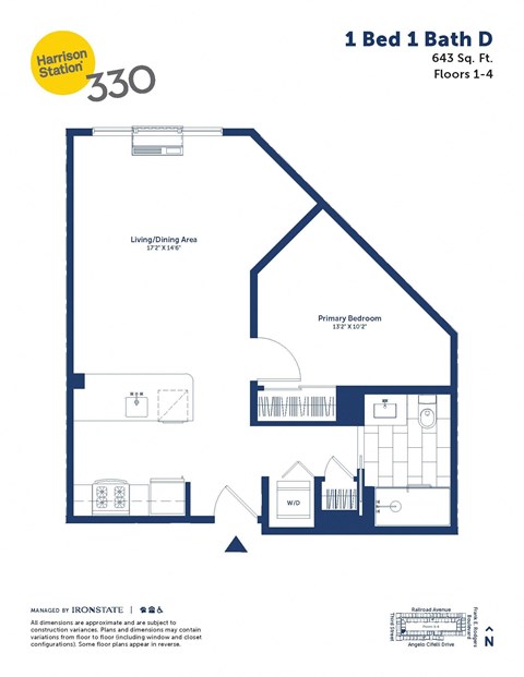 Floor plan for 1 bed, 1 bath, 643 sqft